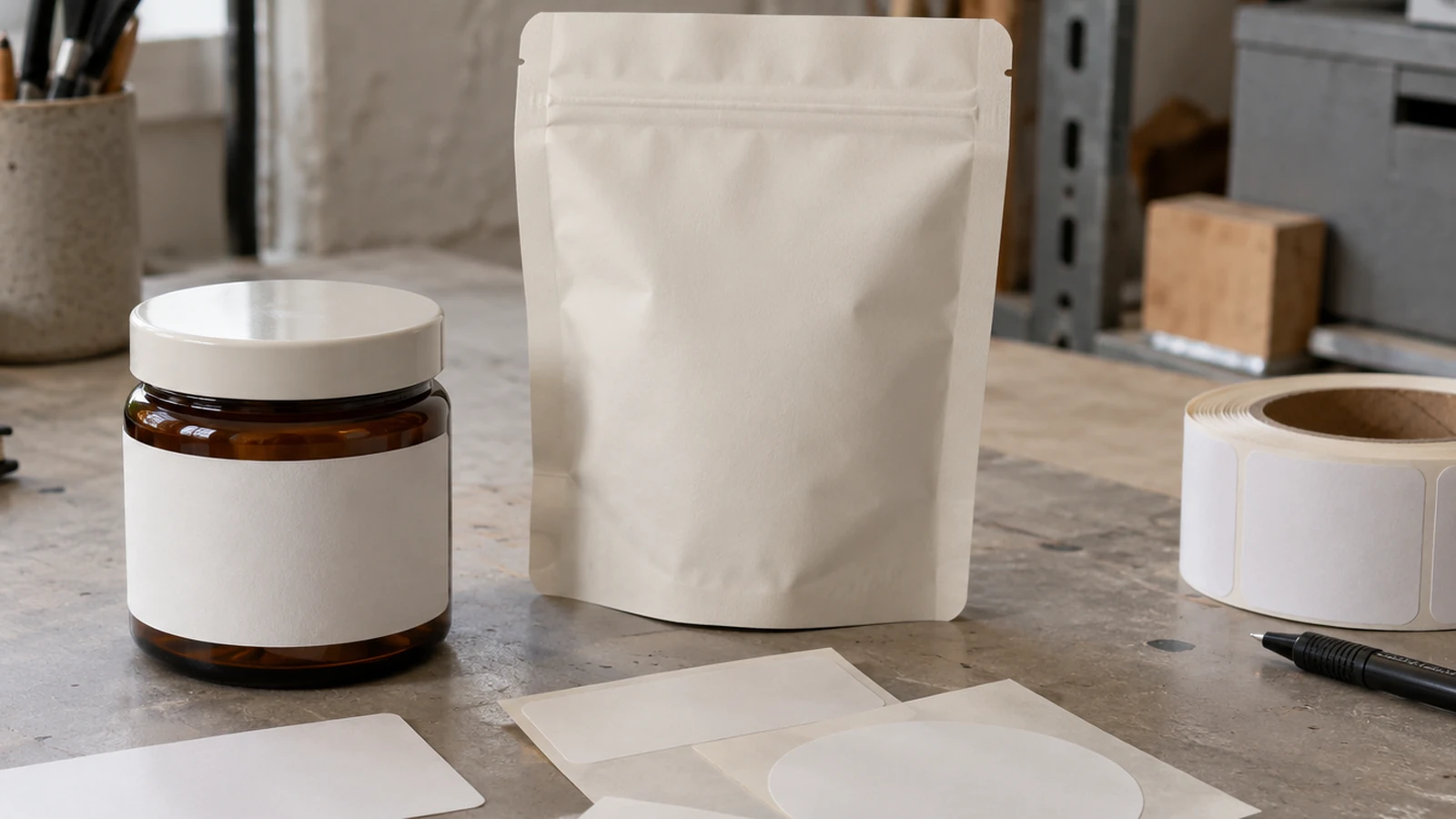 Generated illustration of unbranded packaging prototypes and blank label proofs on a review desk