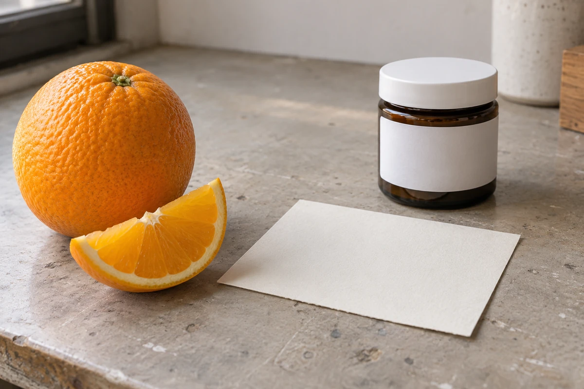 Generated illustration of a real orange and wedge beside blank paper samples and an amber jar