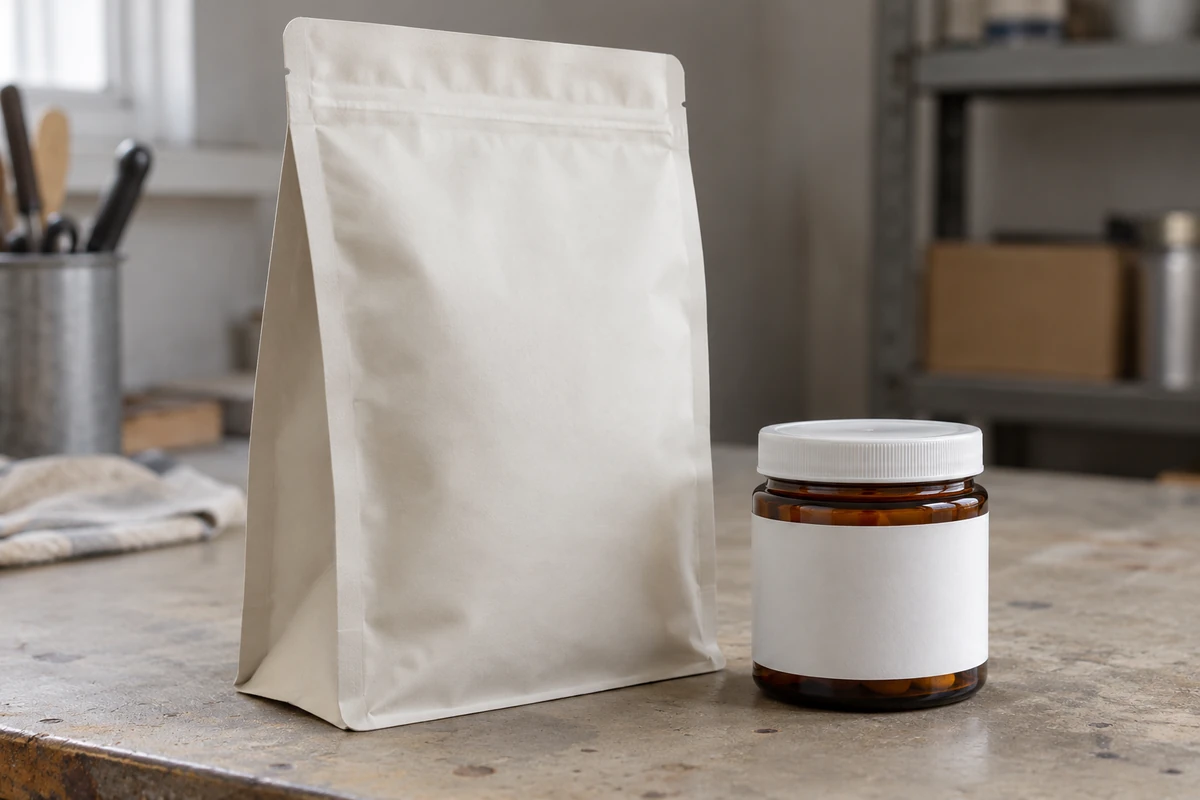 Generated illustration of an unbranded pouch and amber jar showing their blank front and side panels