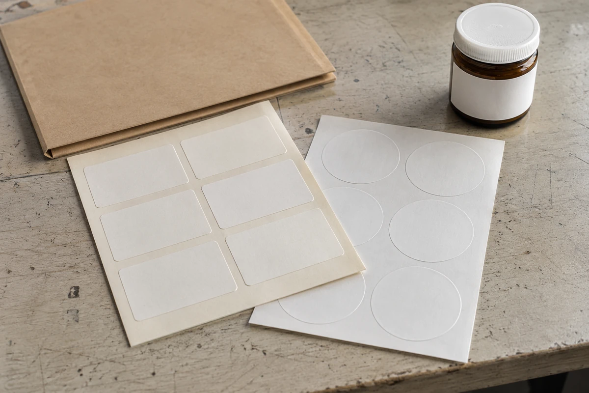Generated illustration of blank physical label proofs beside a jar and a paper folder
