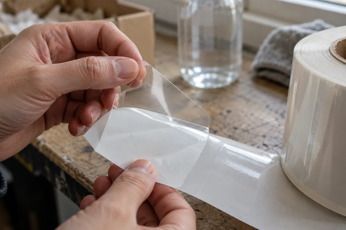 Close-up of fingertips peeling a blank clear film label partly off its glossy release liner, the thin face film and adhesive edge visible against the liner.