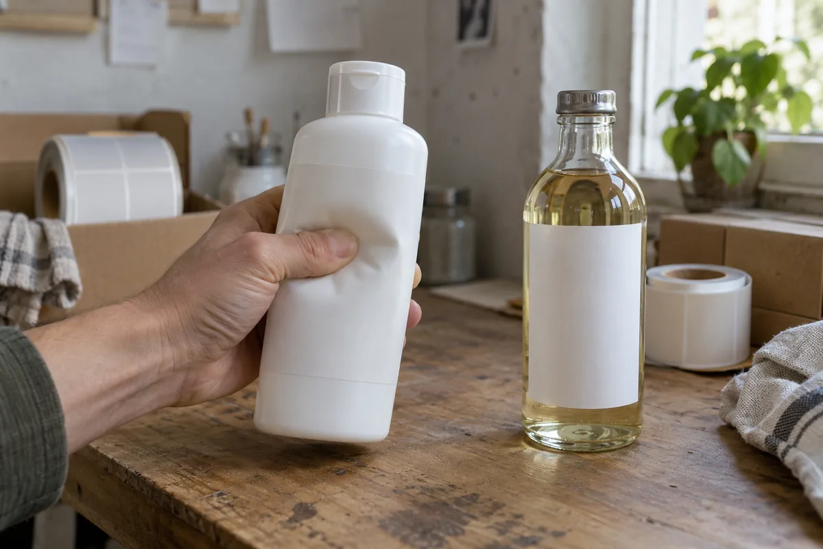 A hand gently squeezing a soft white plastic bottle with a blank white label so the wall flexes slightly, a rigid glass bottle with a blank label standing next to it on.