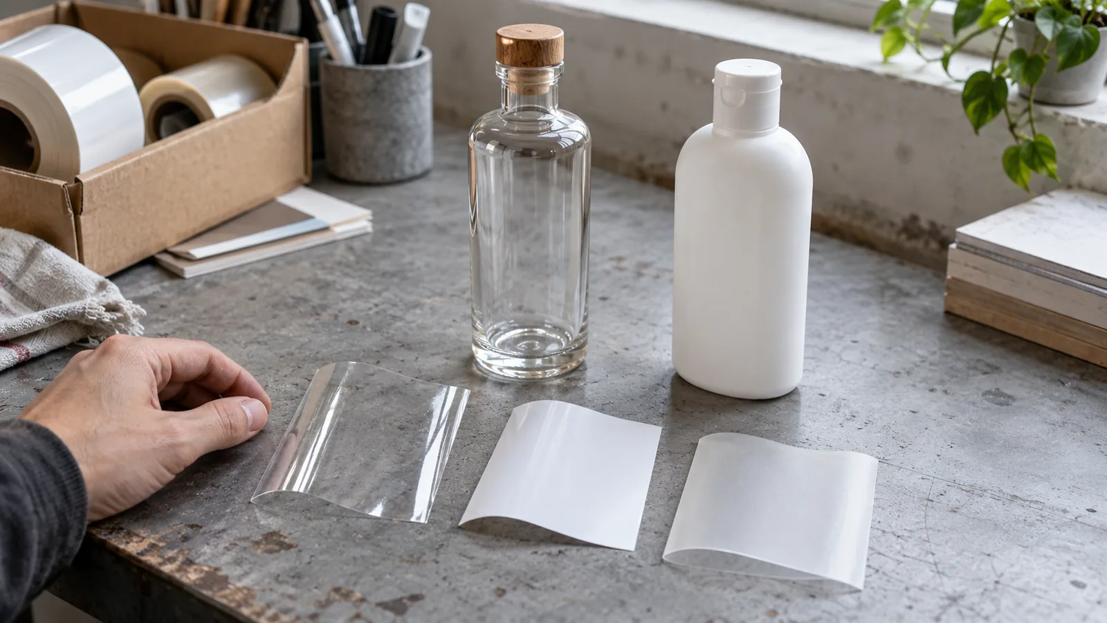 Three blank film label sample pieces (one clear glossy, one opaque white, one slightly matte translucent) lying beside a rigid glass bottle and a soft squeezable white.