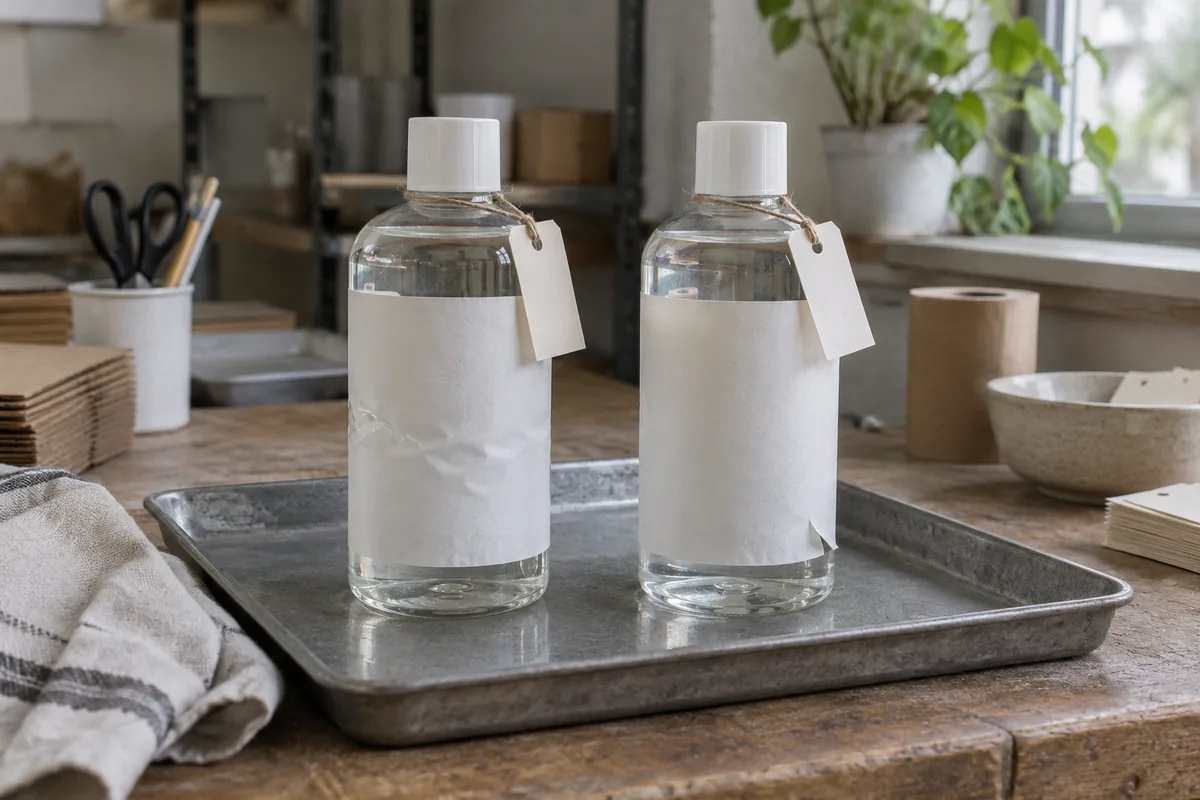 Two identical plastic bottles with blank white labels standing side by side on a metal tray, each with a small blank paper tag tied to the neck, ordinary workroom.