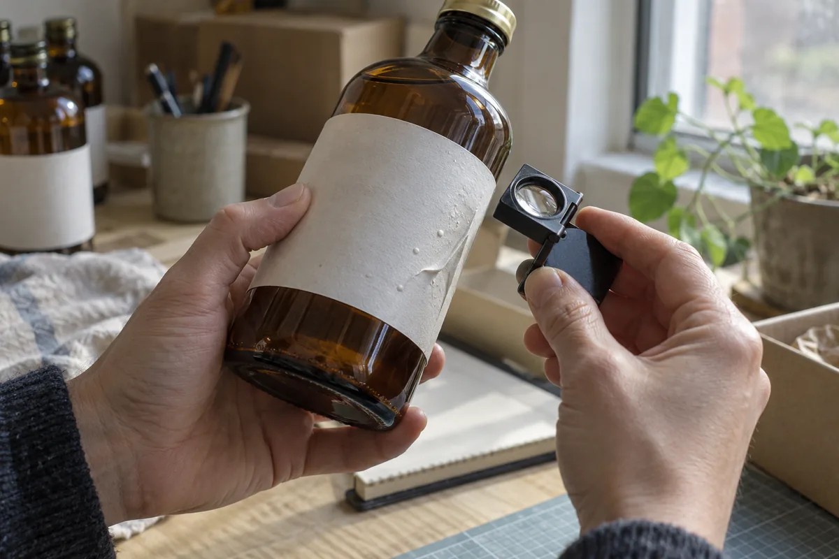 A hand holding a labeled bottle tilted toward window light while a small folding loupe is held near the label edge to inspect it.