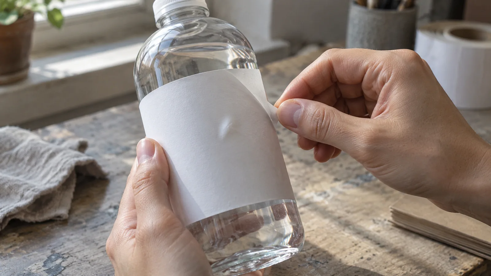 Close-up of a blank white label on a plastic bottle showing a small air pocket under the face and a slightly lifted corner, raking window light revealing the surface.