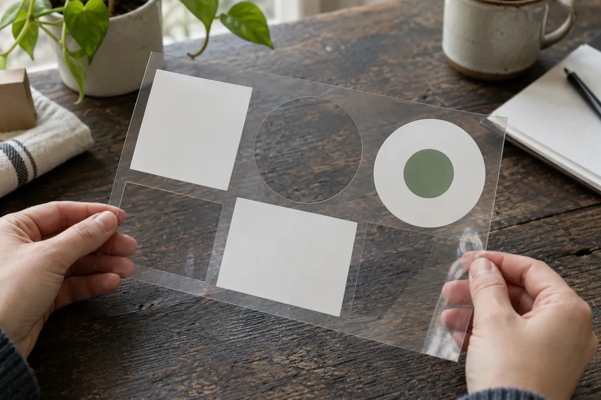 A transparent printed label proof sheet held over a dark wooden surface: some areas printed with opaque white blocks and a colored circle, other areas left clear so the.