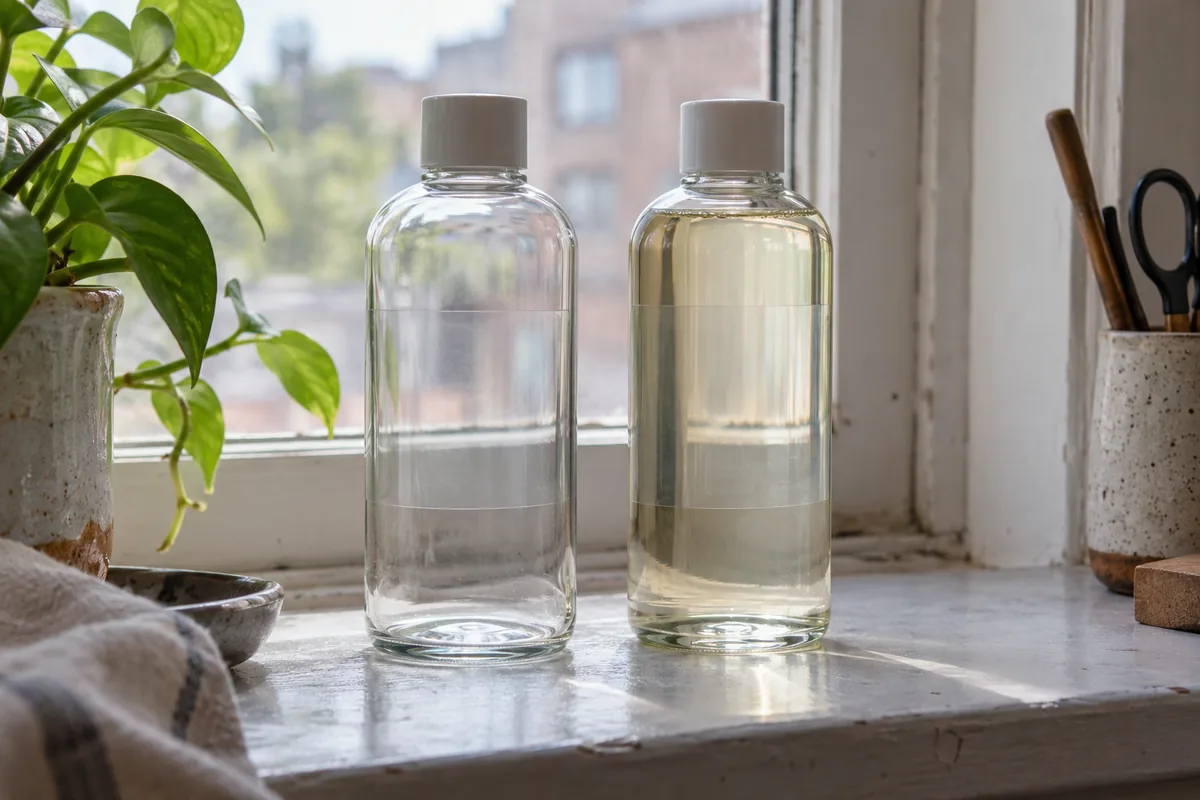 An empty clear bottle and an identical filled bottle side by side on a windowsill, both with the same clear label, daylight showing how the background behind the label.