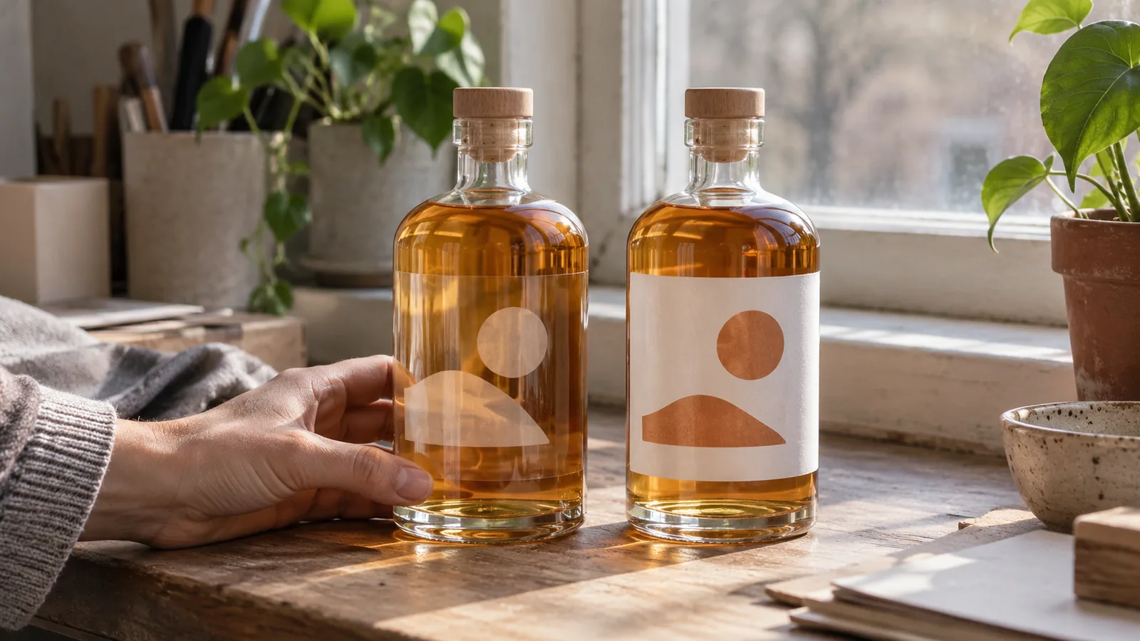 Two identical clear bottles filled with amber liquid on a windowsill table: one wears a transparent label with a simple printed abstract shape so the liquid shows.