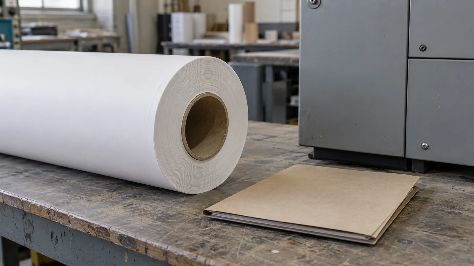 Generated illustration of a paper roll and service folder beside generic print-shop equipment