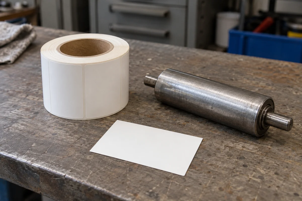 Generated illustration of a paper label roll and generic metal roller beside an unmarked sample card