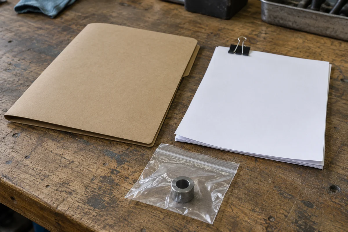 Generated illustration of a service folder, blank clipped paper and a bagged generic metal part