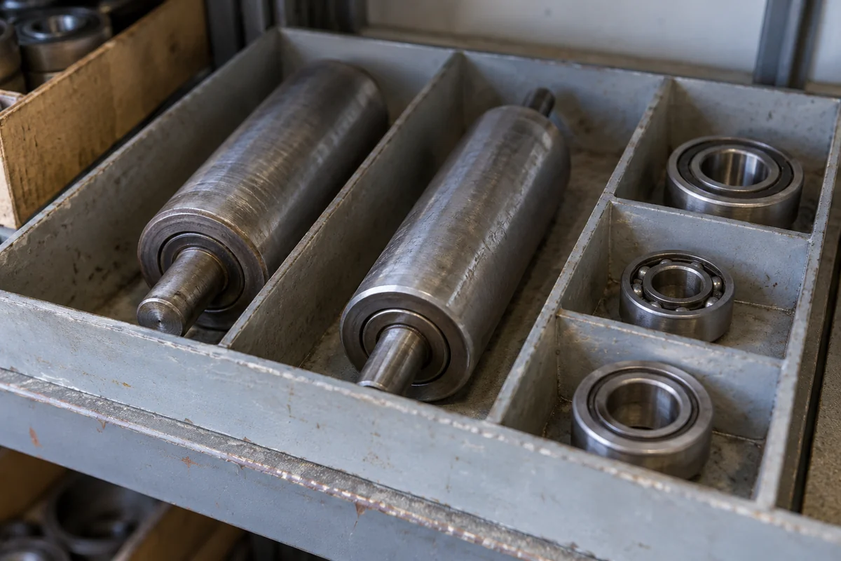 Generated illustration of generic rollers and bearings stored in separate shallow compartments