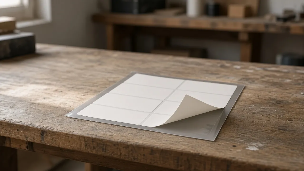 A blank white label corner lifted from a sheet of blank labels on a worn wooden bench.