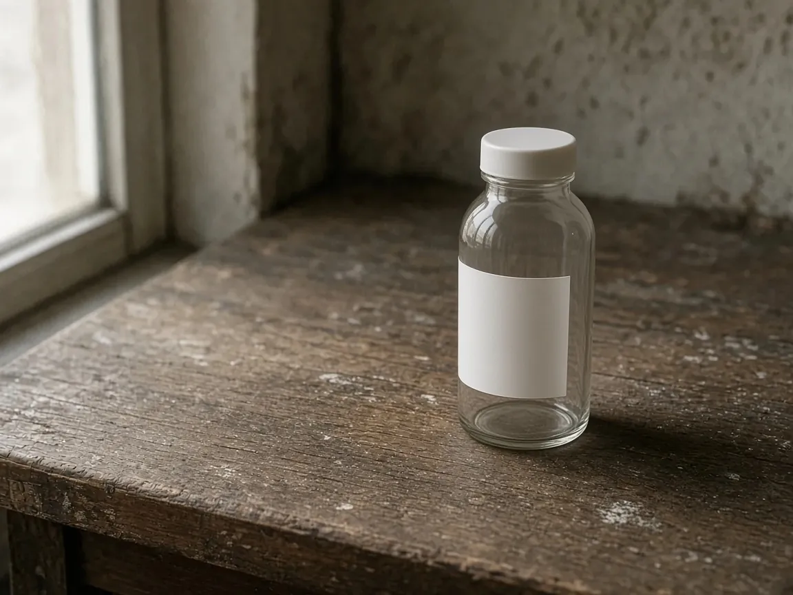 A clear glass bottle with a white cap and one blank white label stands on a worn wooden bench.