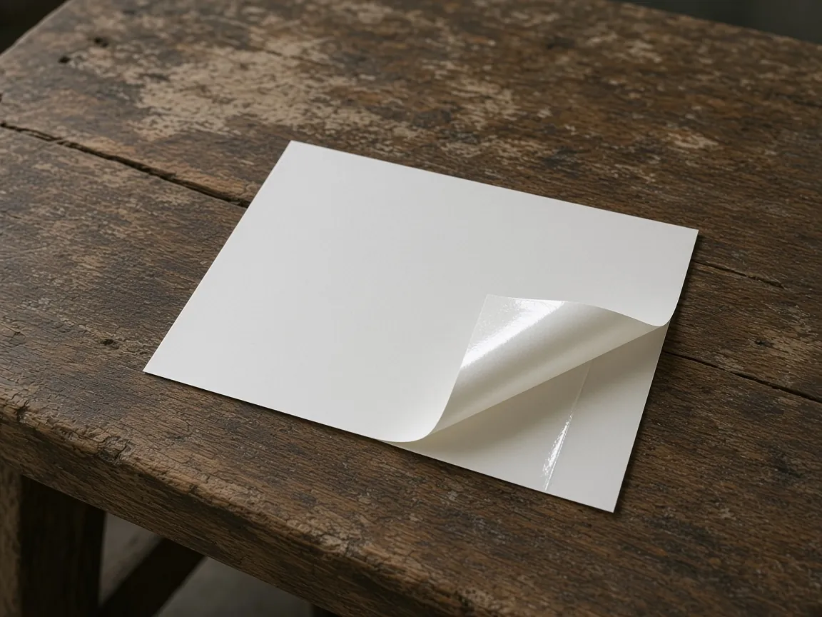 A blank white sheet corner curls back on a worn wooden table, showing a glossy liner underneath.