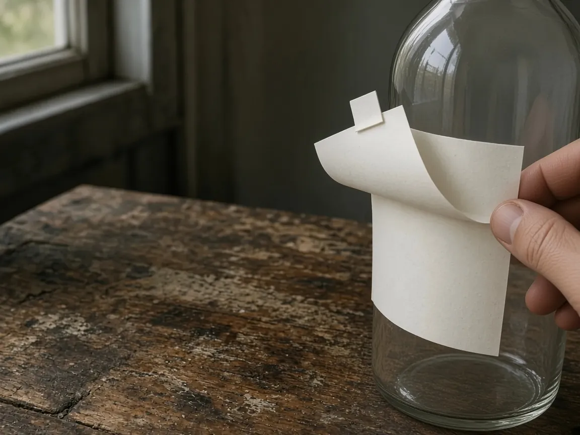 A hand peels a blank white label partway off a clear glass bottle on a worn wooden bench.