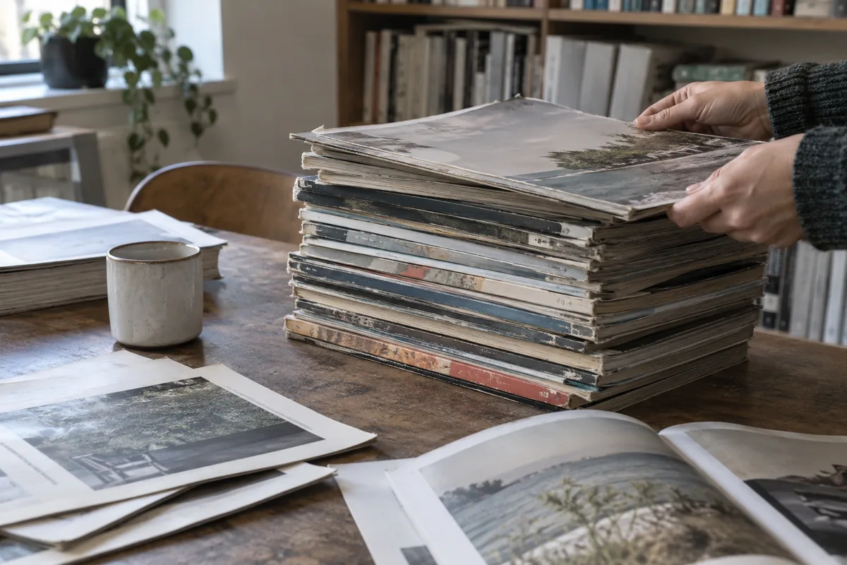 A stack of old archived trade magazines and loose printed pages on a library table, worn spines and paper edges.