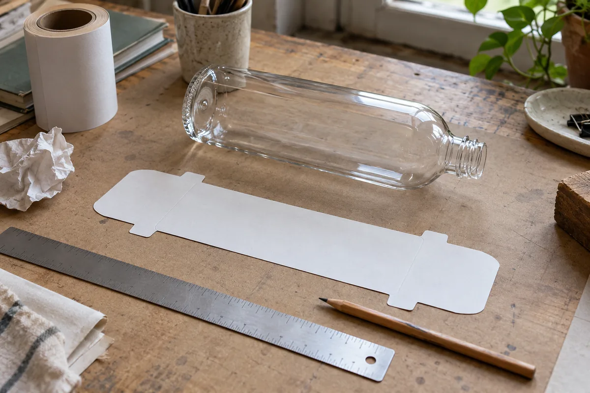 A cut-out paper label outline template, a steel ruler and a clear bottle laid on a drafting table, pencil nearby.