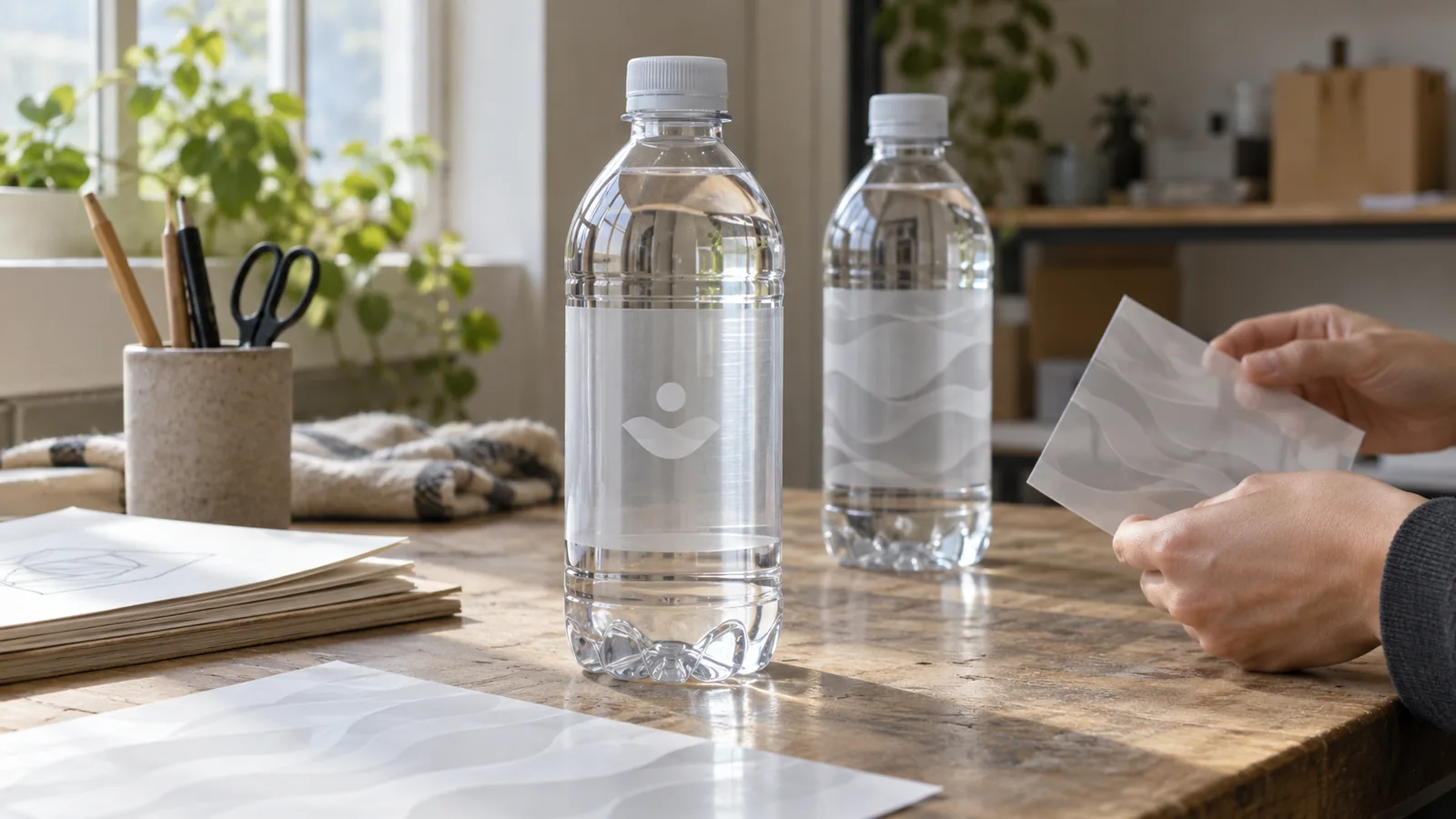 Two clear water bottles with transparent labels carrying a simple icon and a frosted wave pattern, beside a hand holding a spare label sheet.