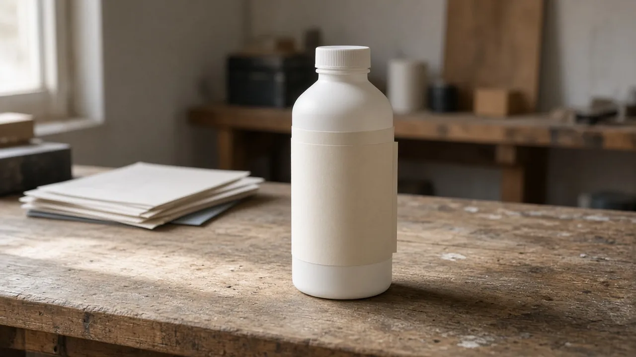 A plain white bottle with a closed blank paper label and a small unprinted tab, on a worn wooden bench in window light.