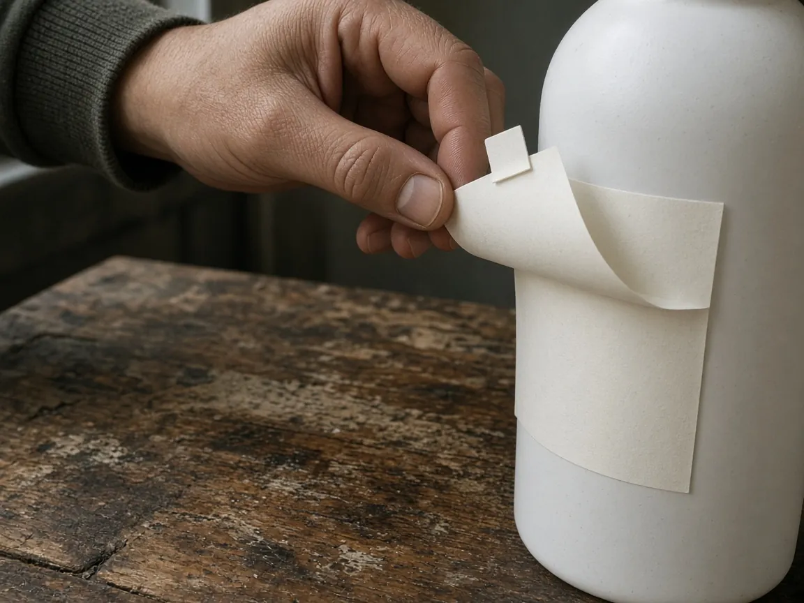 A hand lifts a small blank tab on a cream label so a second blank sheet shows on a white bottle.