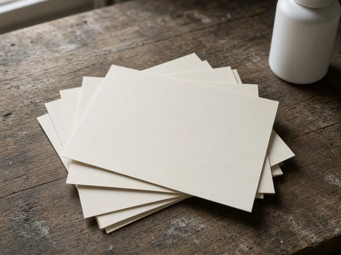Blank cream sheets fanned in a stack on a worn wooden bench, with part of a white bottle at the right edge.