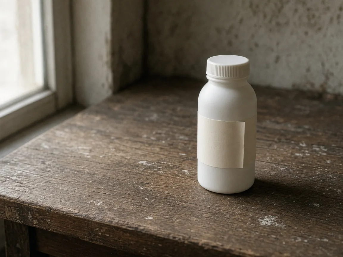 A white bottle with a closed blank cream label sits on a worn bench beside a window.