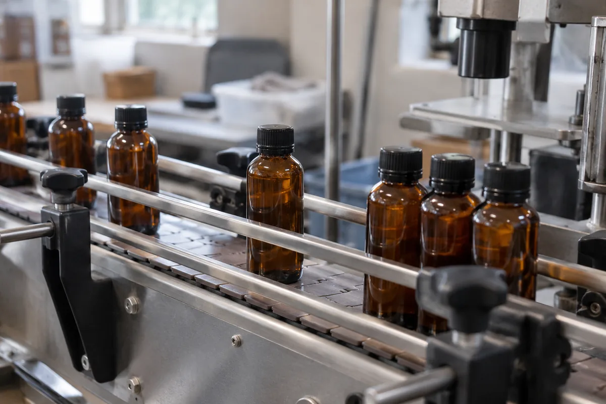 Close-up of capped bottles on a conveyor between guide rails, some evenly spaced and some bunched together.