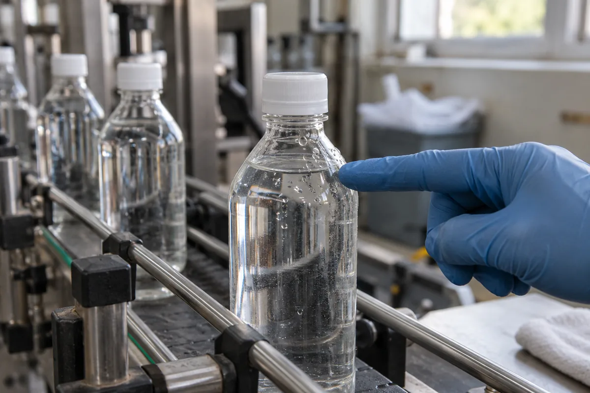 A hand in a blue nitrile glove touching small water droplets on the shoulder of a capped bottle beside the conveyor.