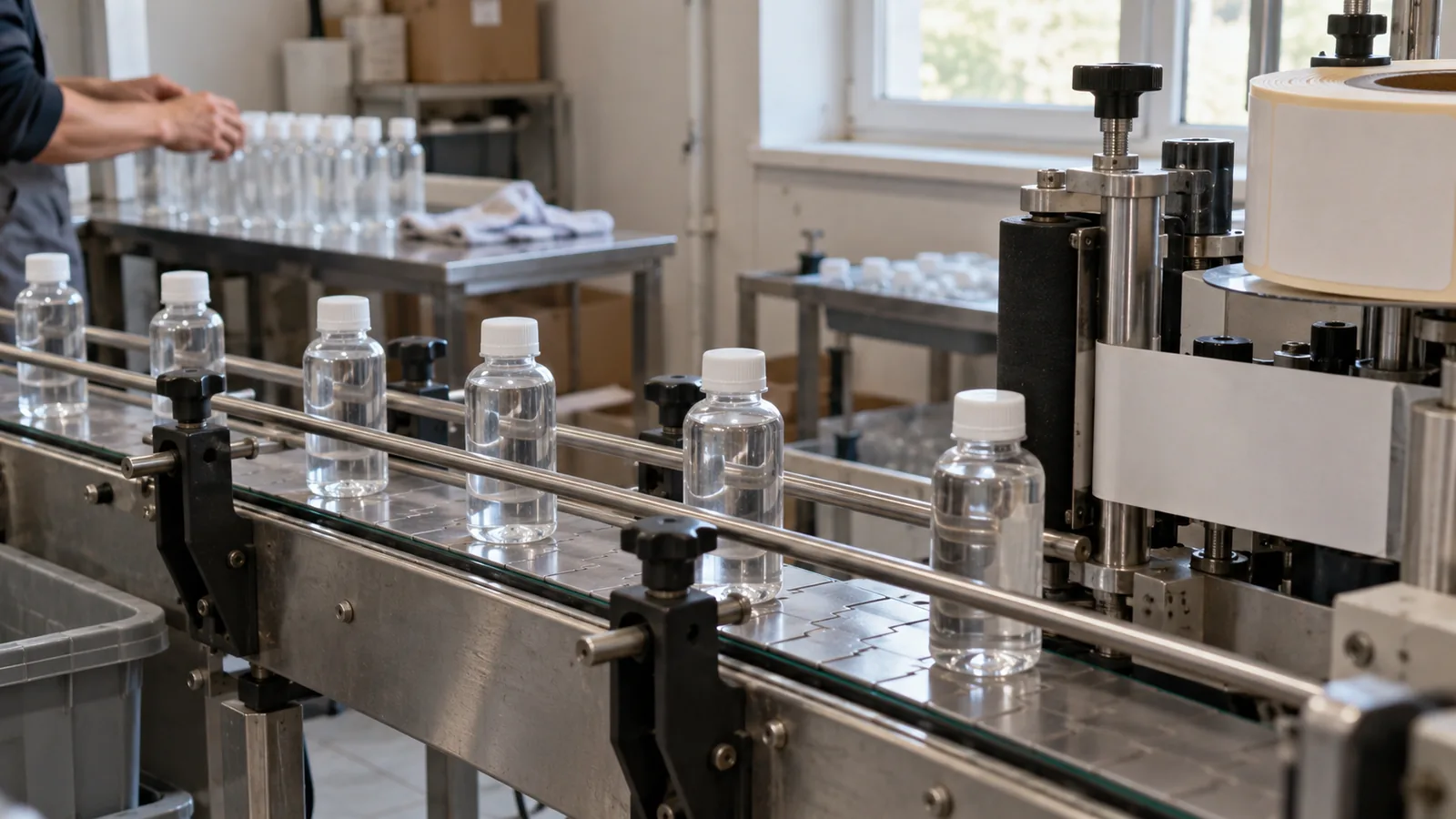 Filled and capped plastic bottles travelling on a stainless conveyor in a modest production room toward a generic labeling unit that is partly cropped at the frame edge.