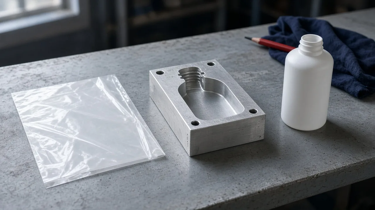 Illustrative photo of a blank film sheet, an unbranded open mold cavity, and a plain white bottle on a workbench.