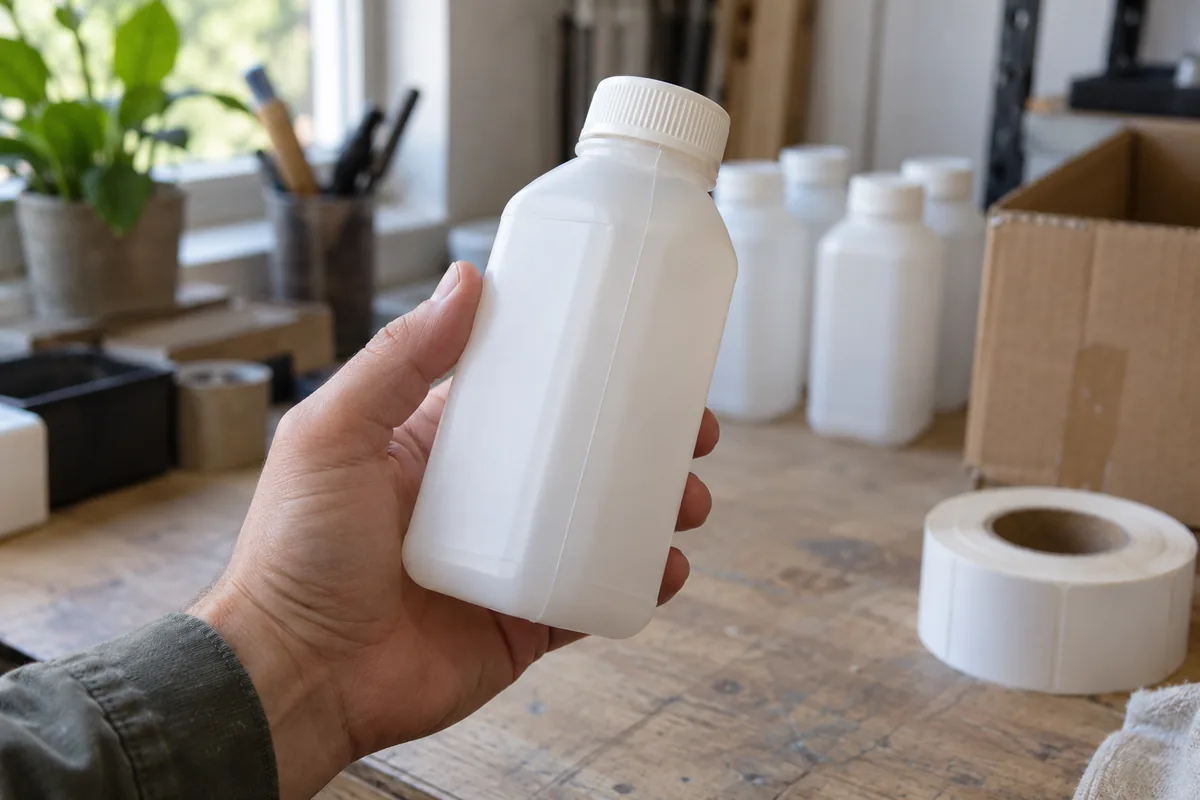 A hand holding a plastic bottle turned to show a molded seam line and a flat panel on its side, unprinted.
