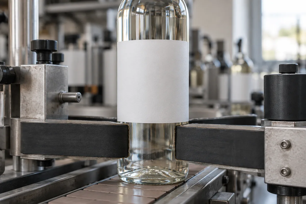 Close-up of a bottle held between two rubber guide belts on a labeling line, the contact areas visible below the blank label panel.
