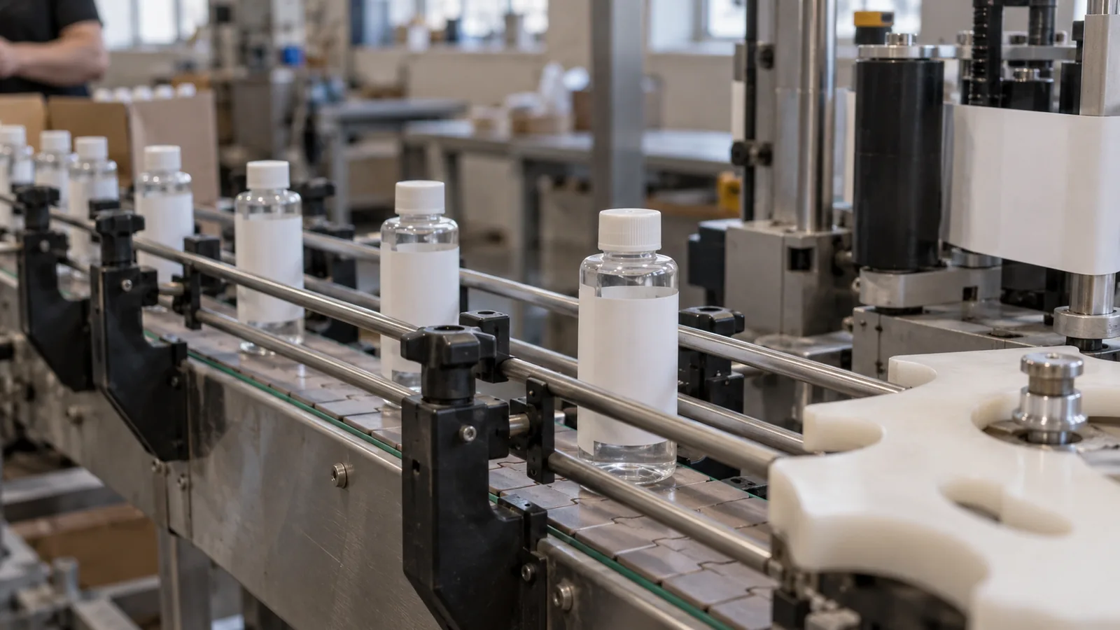 Bottles moving along a straight conveyor with side guide rails.