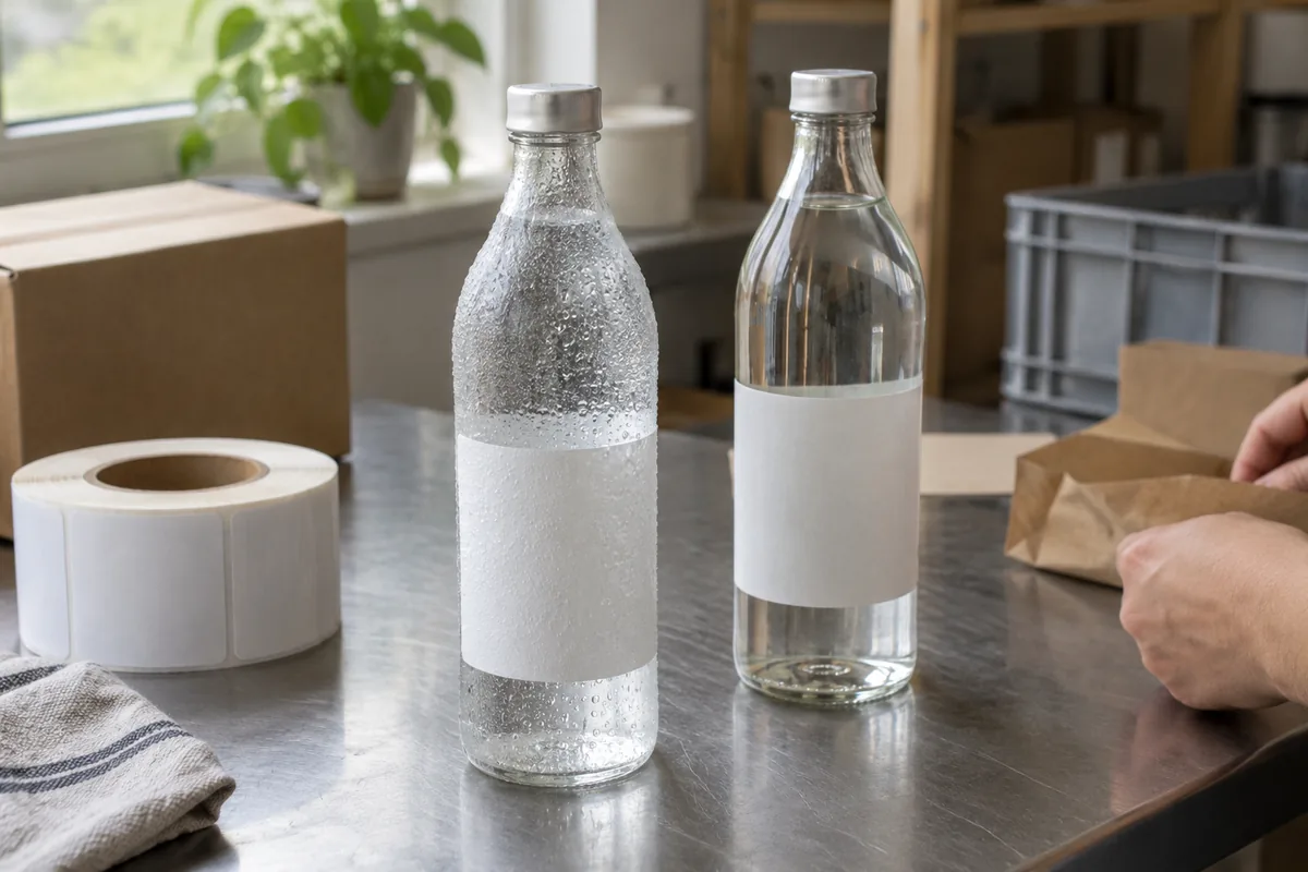 Two bottles on a steel table: one covered in fine condensation droplets, one dry, in plain daylight.
