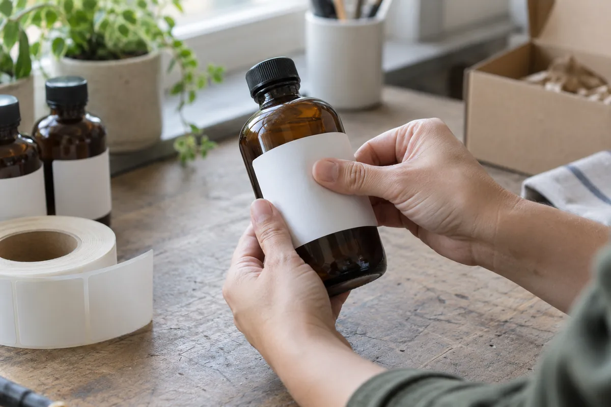 A thumb pressing a blank white label onto a round bottle, smoothing it outward from the center.