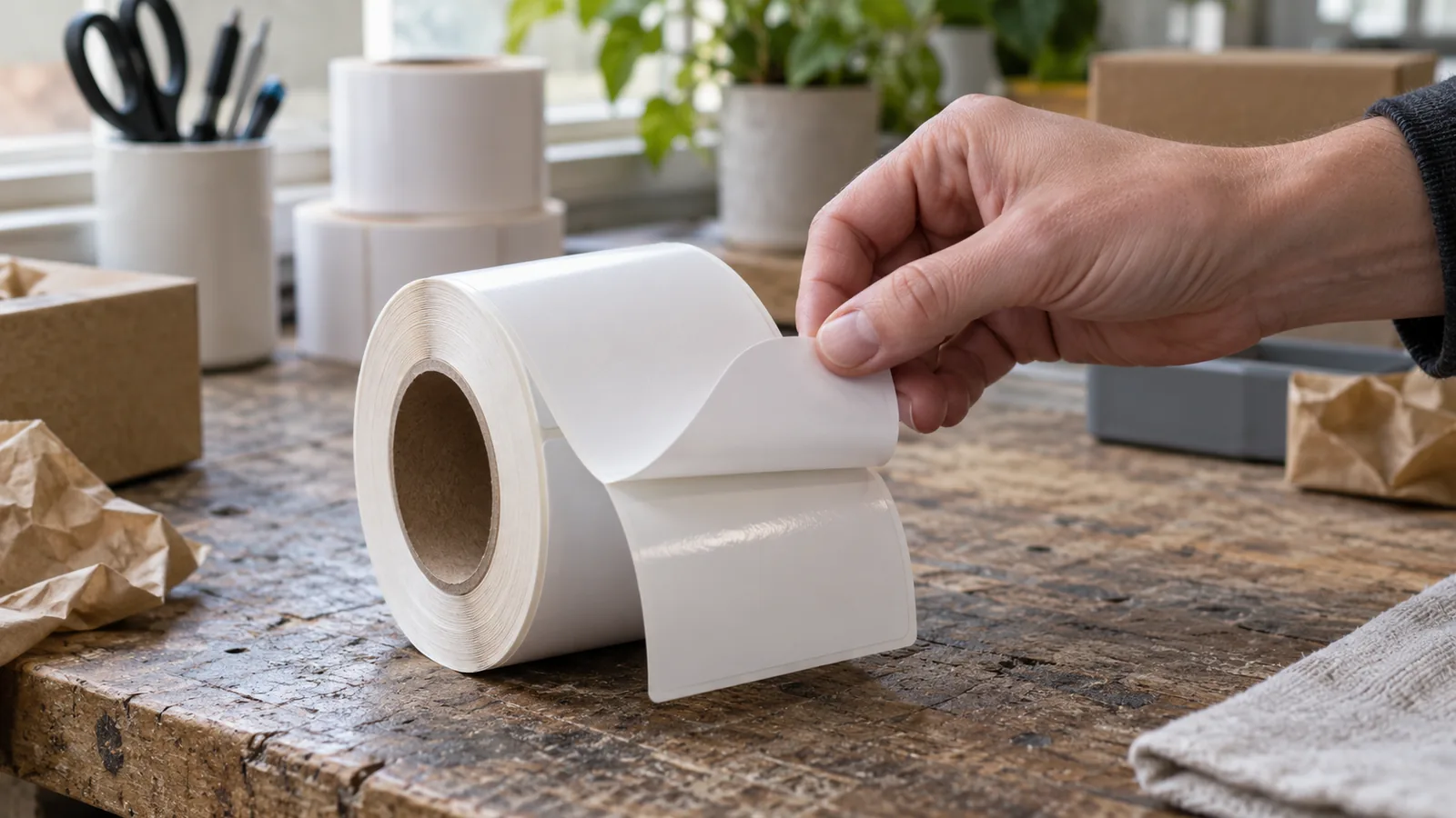 A hand peeling one blank white label off a roll so the glossy release liner shows beneath, roll resting on a worn workbench.