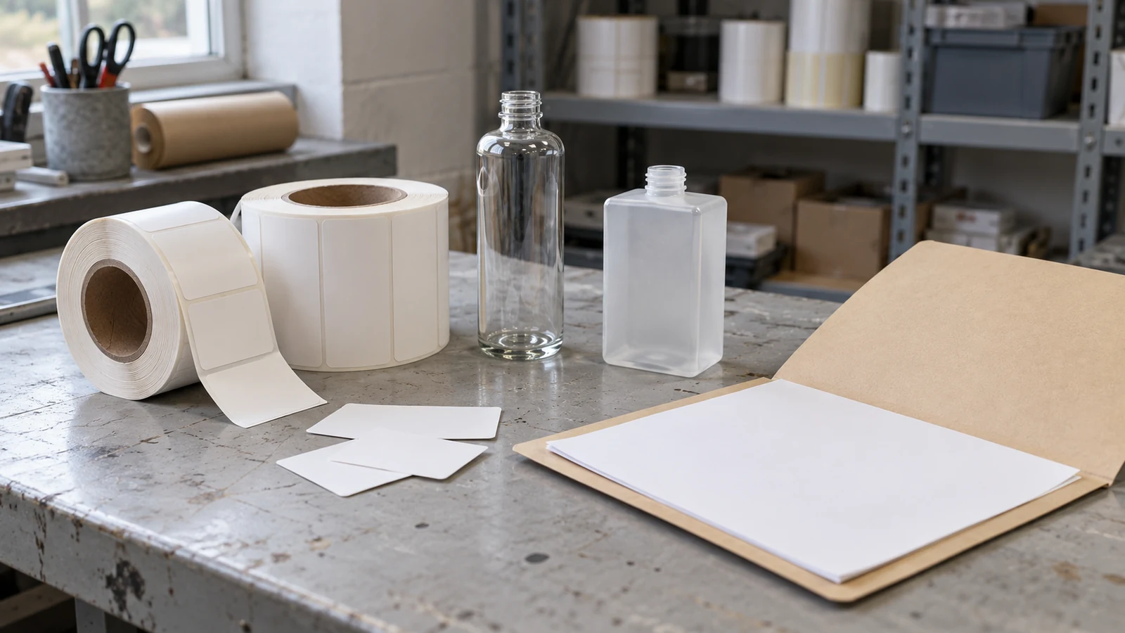 Generated illustration of label rolls, unbranded bottles and a blank follow-up folder on a print-shop bench