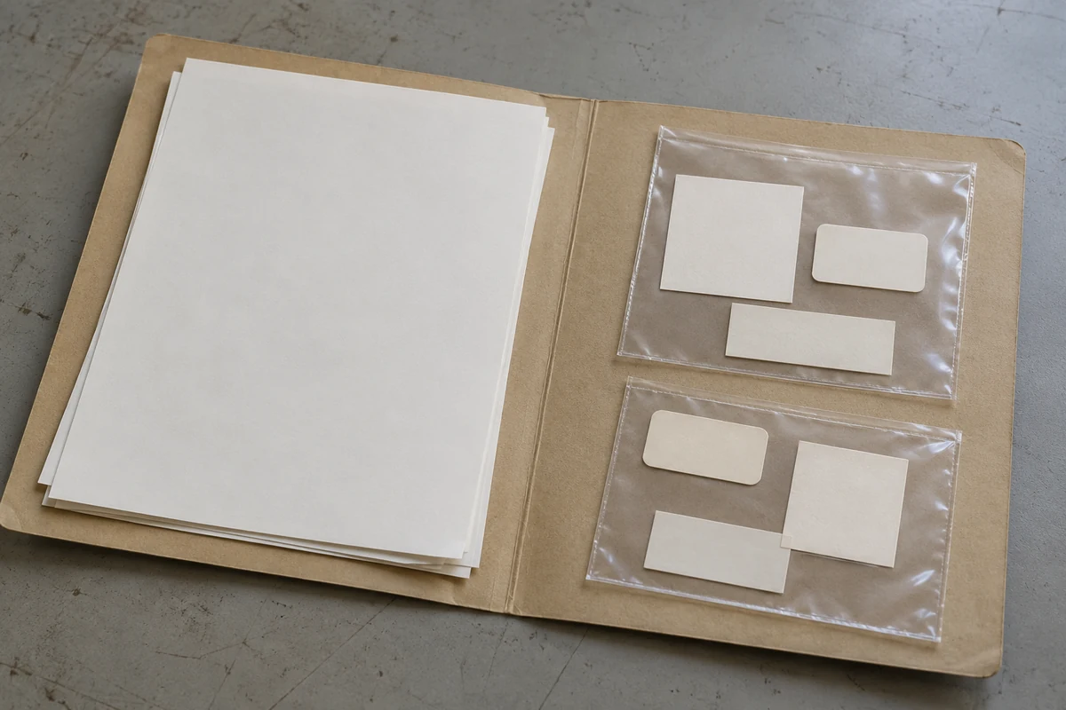 Generated illustration of a plain sample folder with blank paper and label coupons in separate sleeves