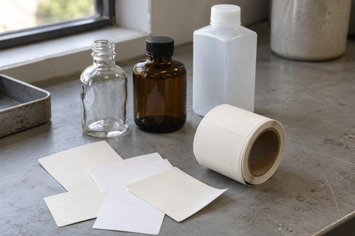 Generated illustration of differently shaped bottles, an unprinted label roll and loose proof coupons