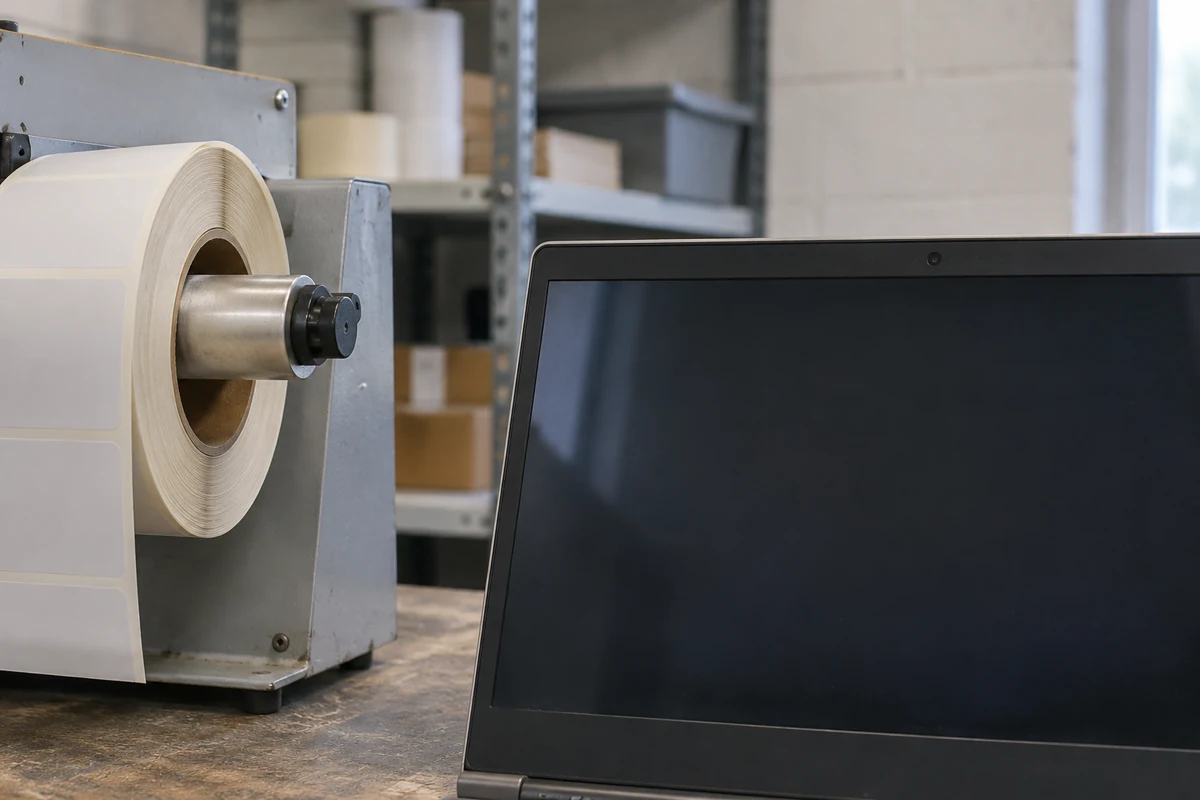 Generated illustration of generic roll-handling equipment beside a laptop with an unmarked dark screen