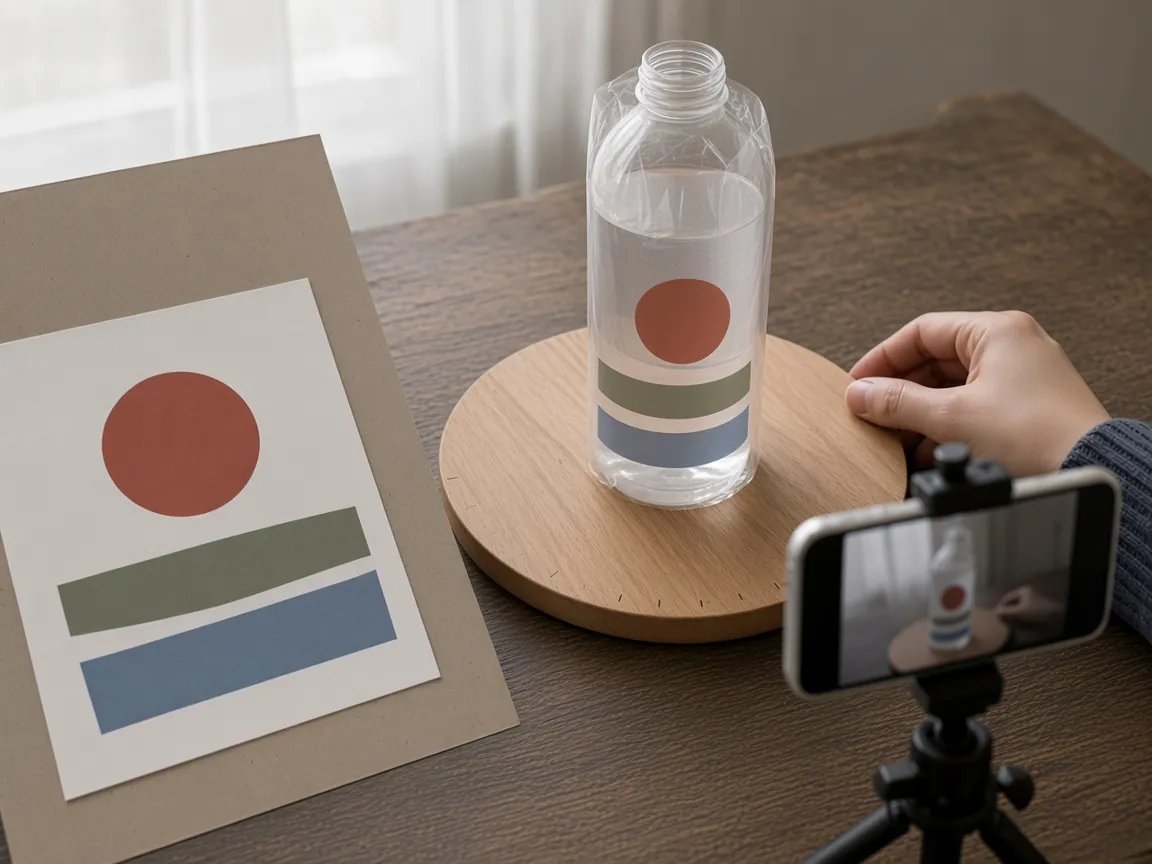 A hand turning a sleeved bottle on a marked round board in window light, with the flat proof beside it and a phone fixed on a small tripod.