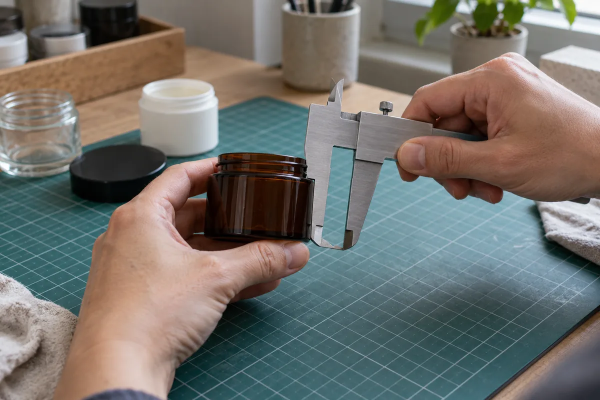 A hand measuring the straight wall of a small cosmetic jar with a steel caliper on a cutting mat.