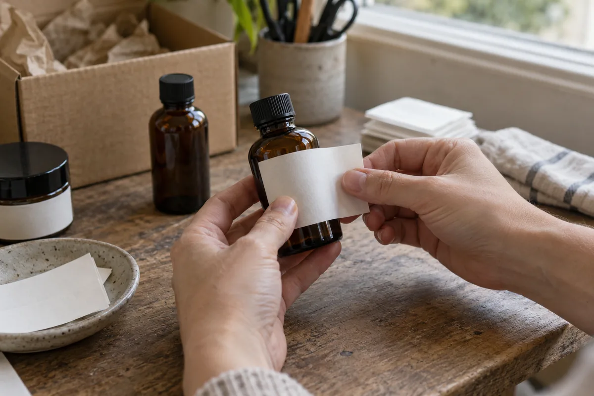 A hand holding a cut plain paper label contour against the straight wall of a small bottle to check its fit.