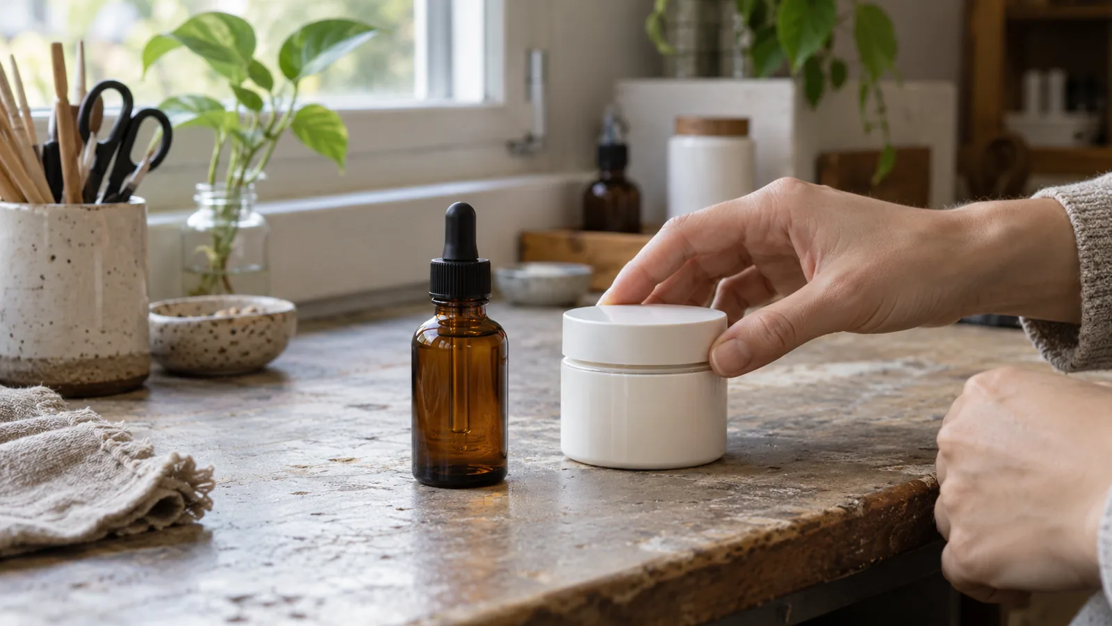 A small amber dropper bottle and a white cosmetic jar with a screw lid, both unlabeled, on a worn counter near a window.