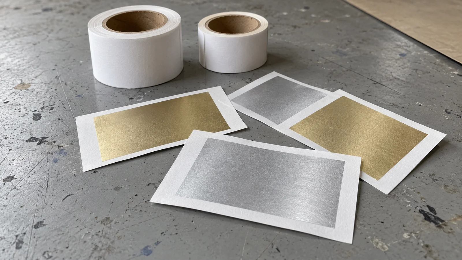 Generated illustration of silver and gold paper label swatches on a printing proof bench