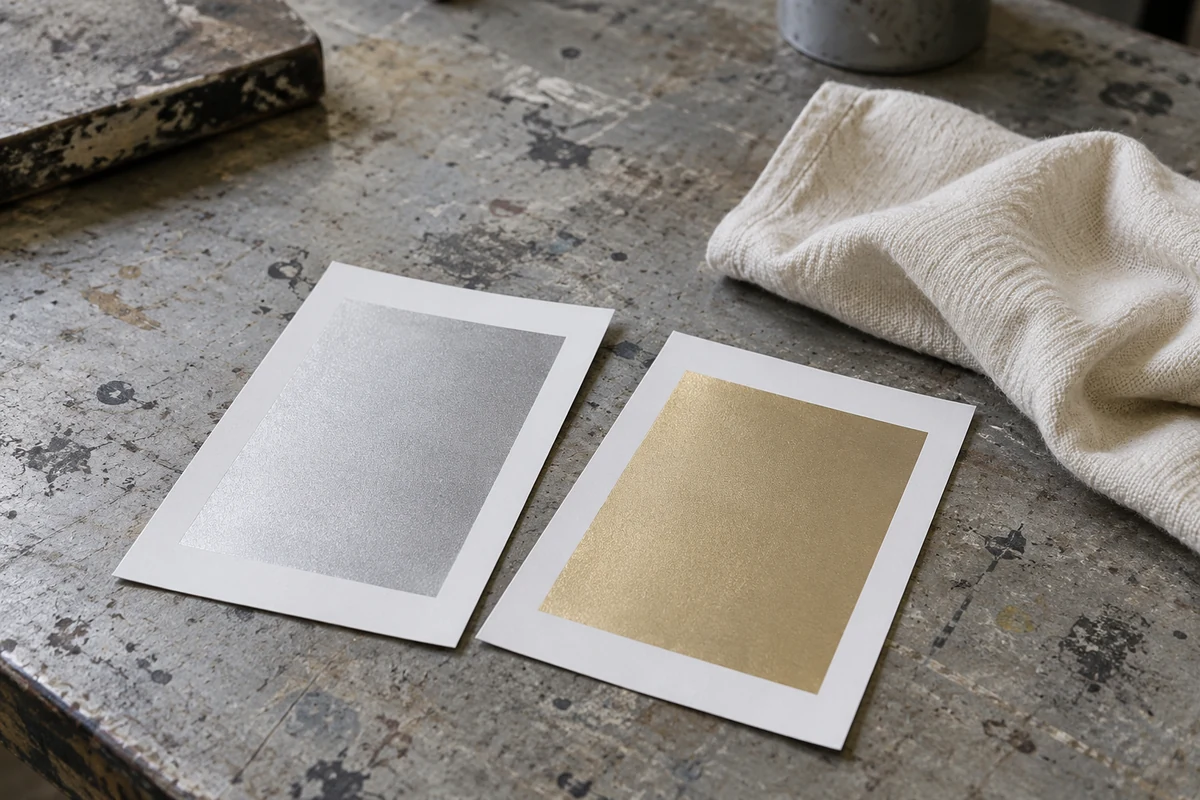 Generated illustration of metallic paper swatches beside a plain cotton cloth