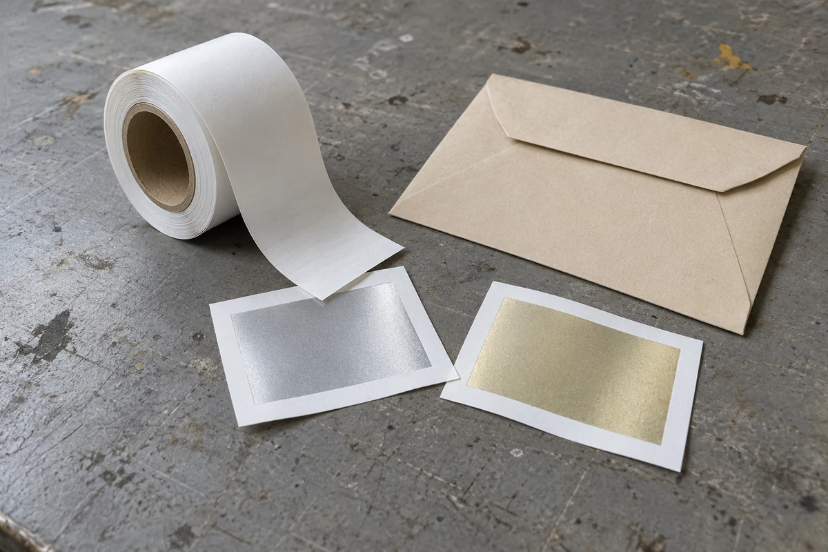 Generated illustration of a paper label roll beside metallic paper coupons and a plain sample envelope
