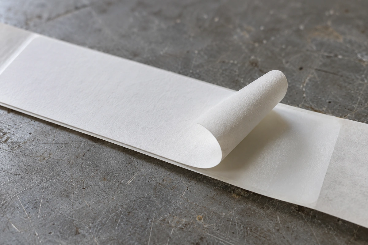 Generated illustration of an unprinted paper label partly peeled from a release liner
